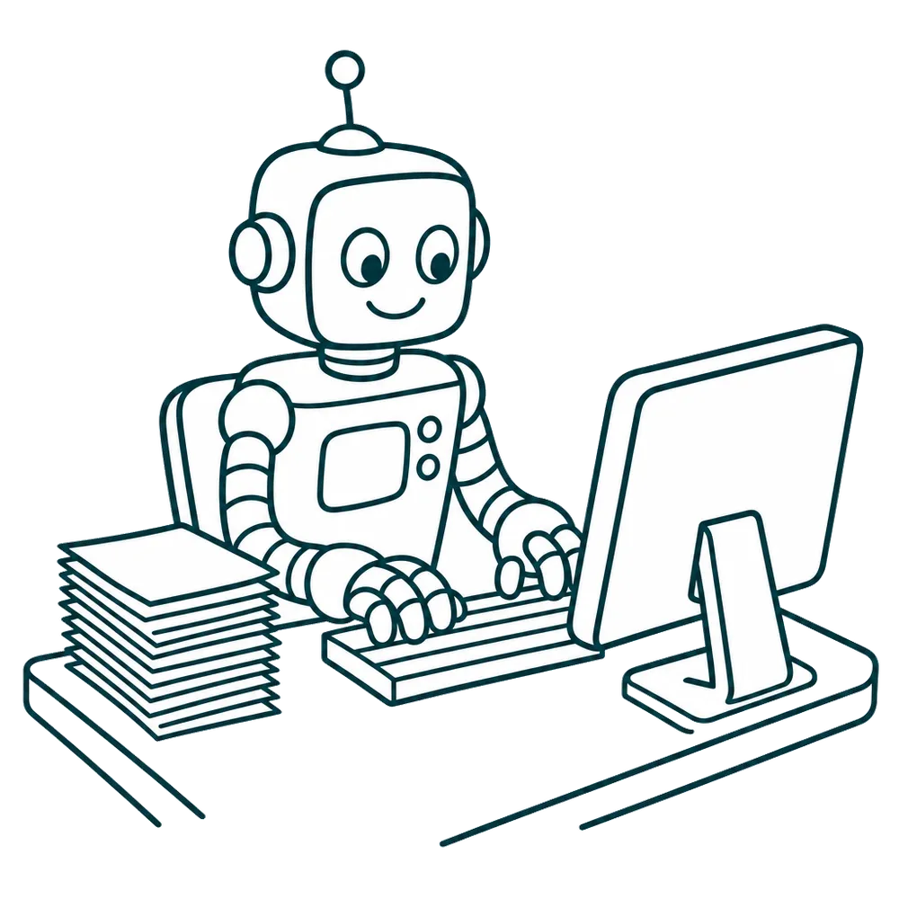 Line-Art: Roboter arbeitet konzentriert am Werkstück