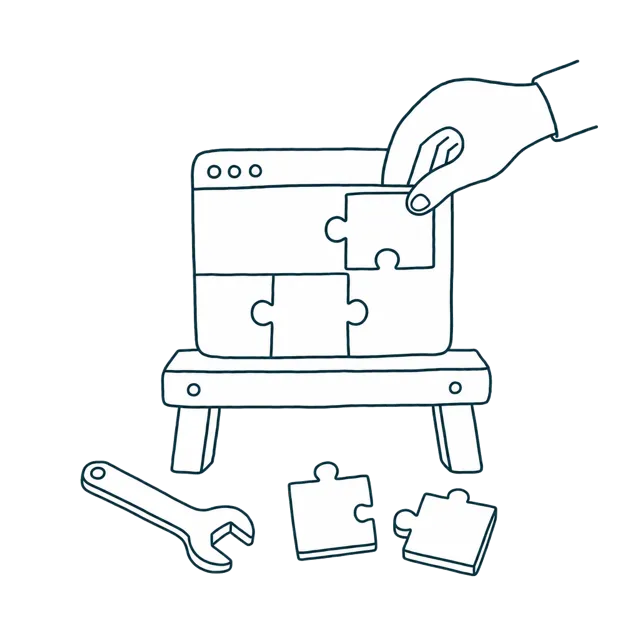 Line-Art: Hand setzt Puzzleteile in ein Browser-Fenster auf einer Werkbank