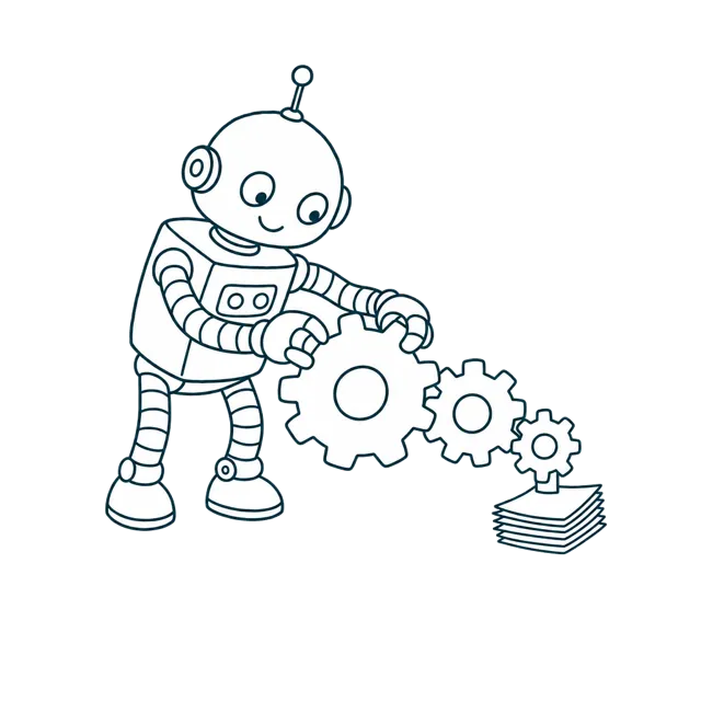 Line-Art: Roboter dreht an Zahnrädern, aus denen ein Papierstapel entsteht