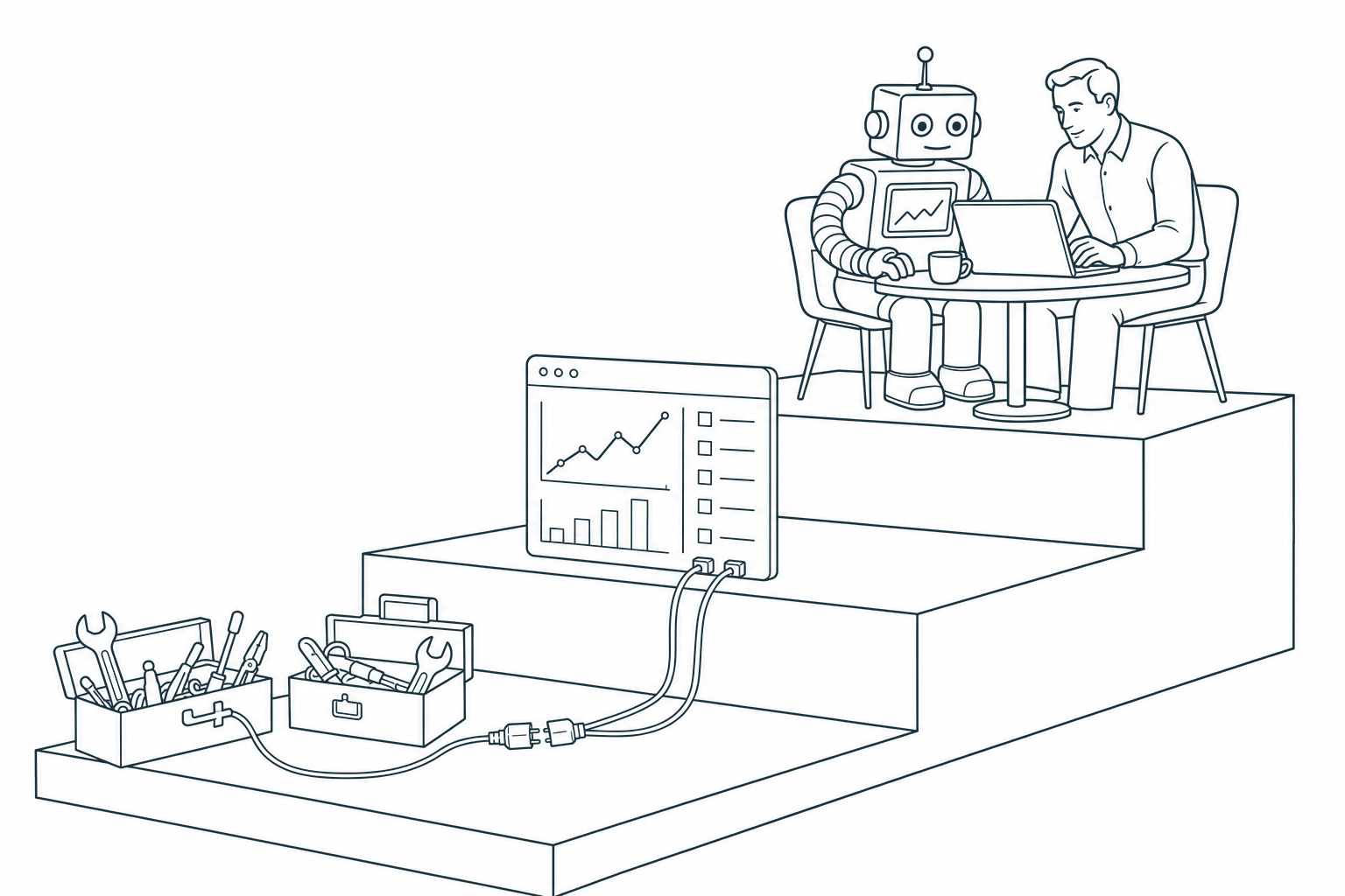 Line-Art-Zeichnung: Drei Treppenstufen. Unten verbinden sich Kabel aus zwei Werkzeugkisten, in der Mitte steht ein Dashboard-Fenster, oben arbeiten ein Roboter und ein Mensch gemeinsam am Laptop.