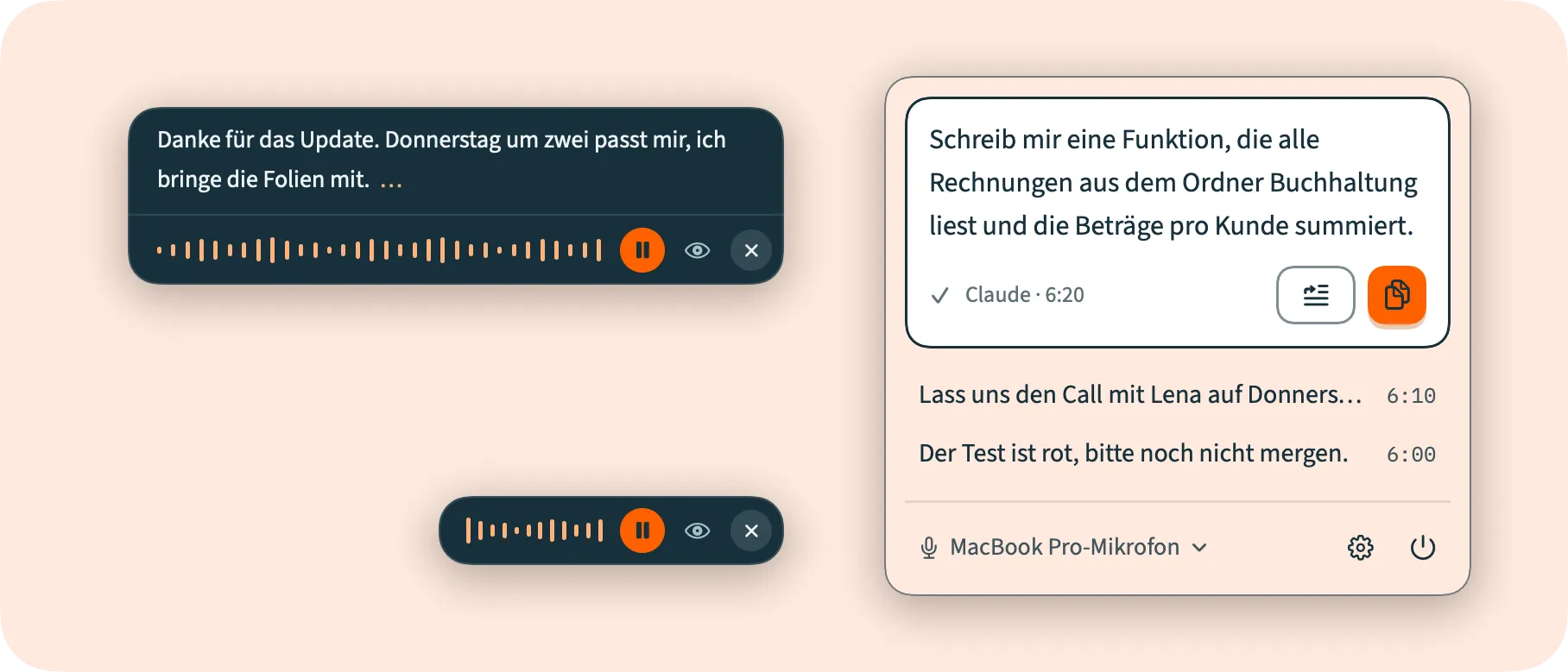 Die satz-Karte beim Sprechen mit dem bisherigen Text und einer Wellenform, daneben das Menü mit den letzten Diktaten.