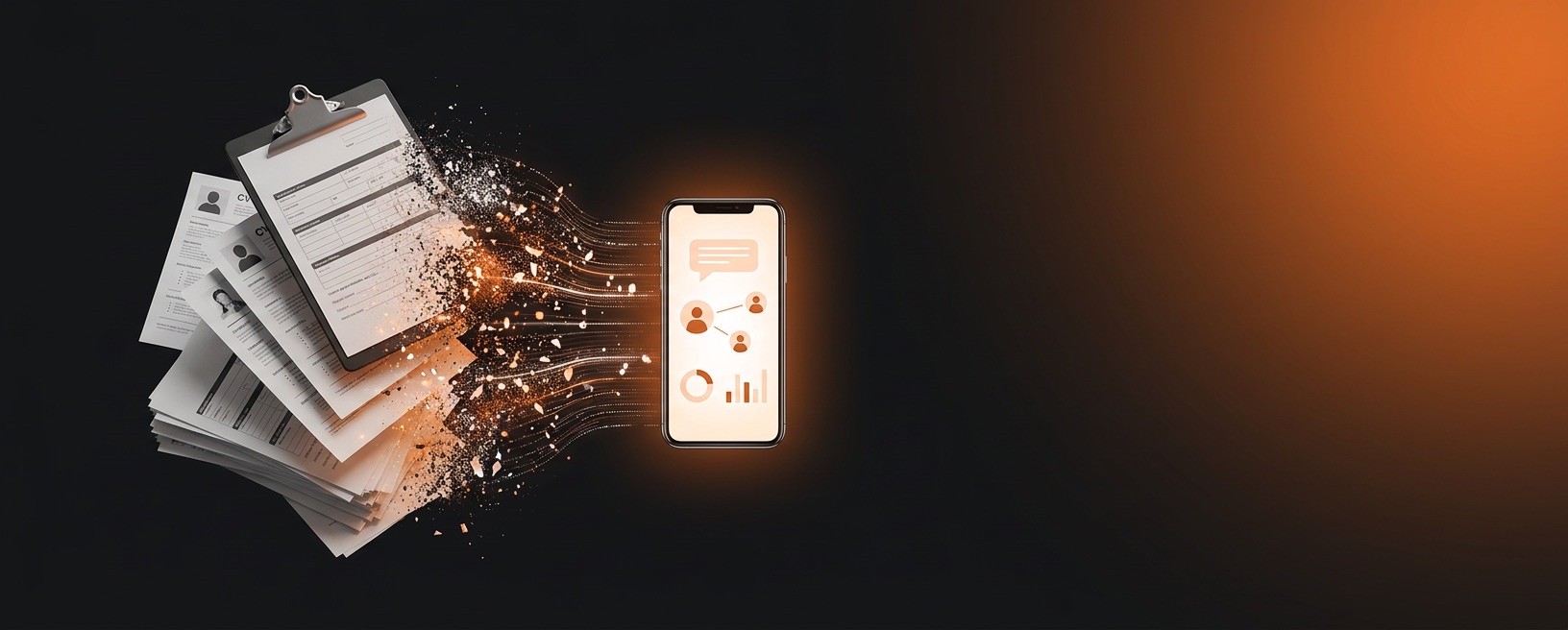 Individuelle Software, Automatisierung und KI für den Door-to-Door-Vertrieb DA Direktvertrieb: ein Stapel papierner Bewerbungen und Lebensläufe löst sich in ein Smartphone mit digitalem Recruiting-Dashboard auf.