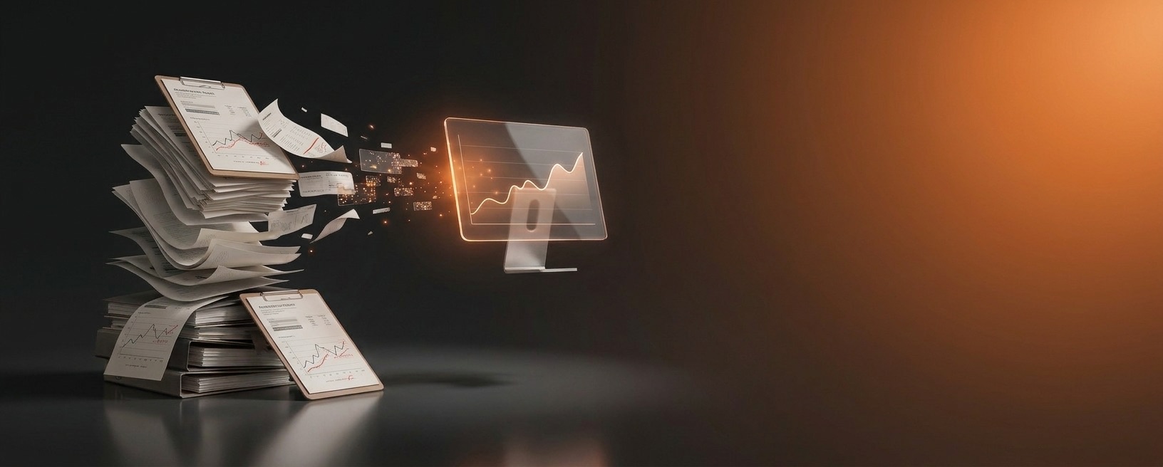 Automatisierter Lead-Magnet für die Energieberatung enerdies: gestapelte Papier-Verbrauchsauswertungen lösen sich in eine einzige automatisch erzeugte digitale Energie-Analyse auf.