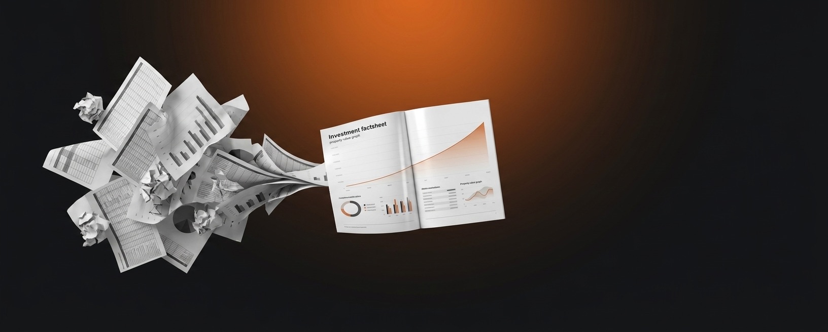 Automatisierte Investment-Factsheets für den Immobilienentwickler Immofanten: ein Stapel manuell aufbereiteter Tabellen und Grafiken wird zu einem aufgeschlagenen zweiseitigen PDF-Factsheet mit Wertentwicklungskurve.