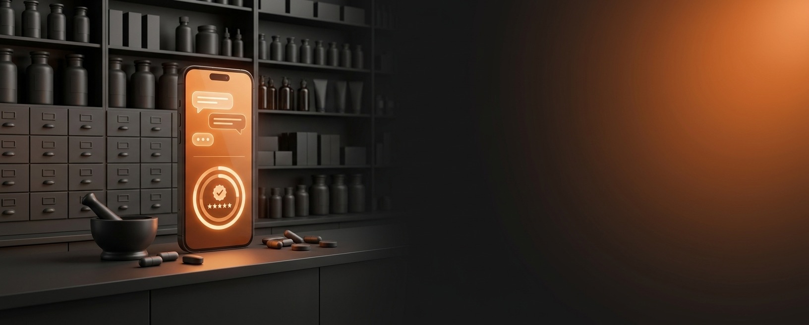 KI-Verkaufstrainer für Apothekenteams von apothetris: eine Apotheke mit HV-Tisch, auf dem ein Smartphone als KI-Dialogtrainer mit Feedback steht.